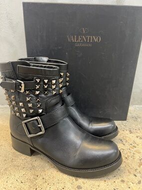 Valentino Garavani Black Studded Buckle Leather Ankle Boots
